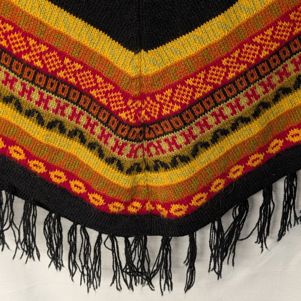 Peruvian Alpaca Black Fringe Poncho Sweater And Matching Maxi Skirt